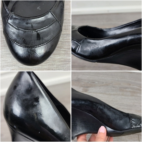 ALDO Black Wedge Round Toe Leather Heels Size 7.5 - Picture 16 of 17